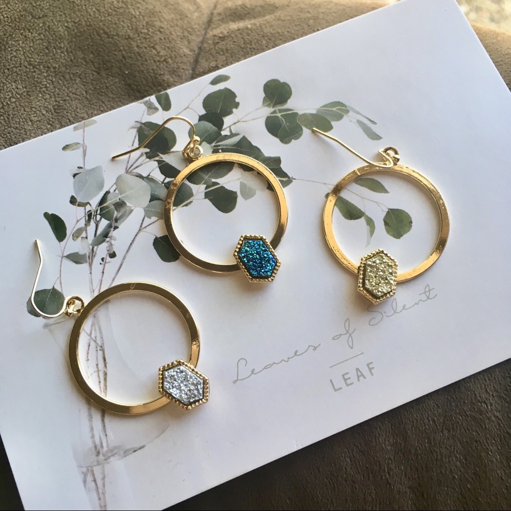 'Spark' Hexagonal Druzy Set Gold Hoop Earrings - Picture 6 of 6
